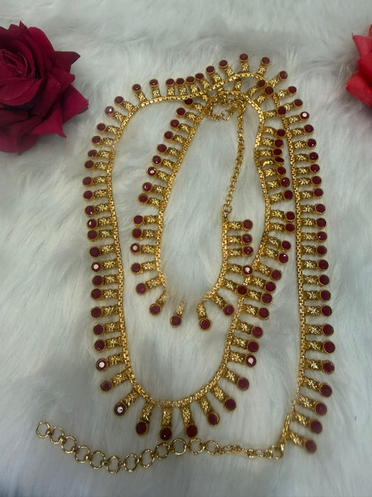 Brass Waist Chain | Kamarbandh with Ruby Pink Colour Stones | W2