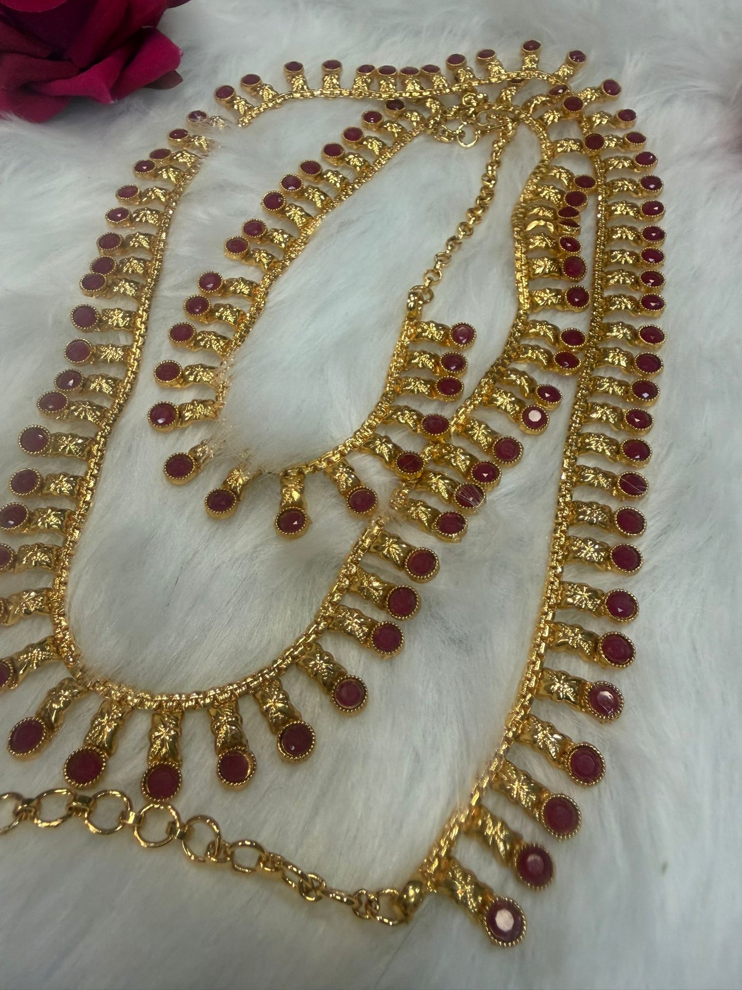 Brass Waist Chain | Kamarbandh with Ruby Pink Colour Stones | W2