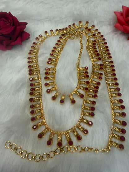 Brass Waist Chain | Kamarbandh with Ruby Pink Colour Stones | W2