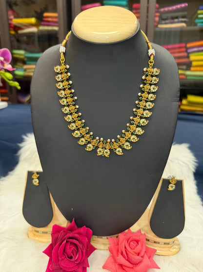 Matt Gold Colour Necklace set with Pearls and Green Beads N1