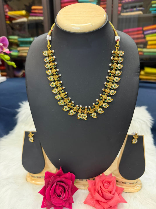 Matt Gold Colour Necklace set with Pearls and Green Beads N1