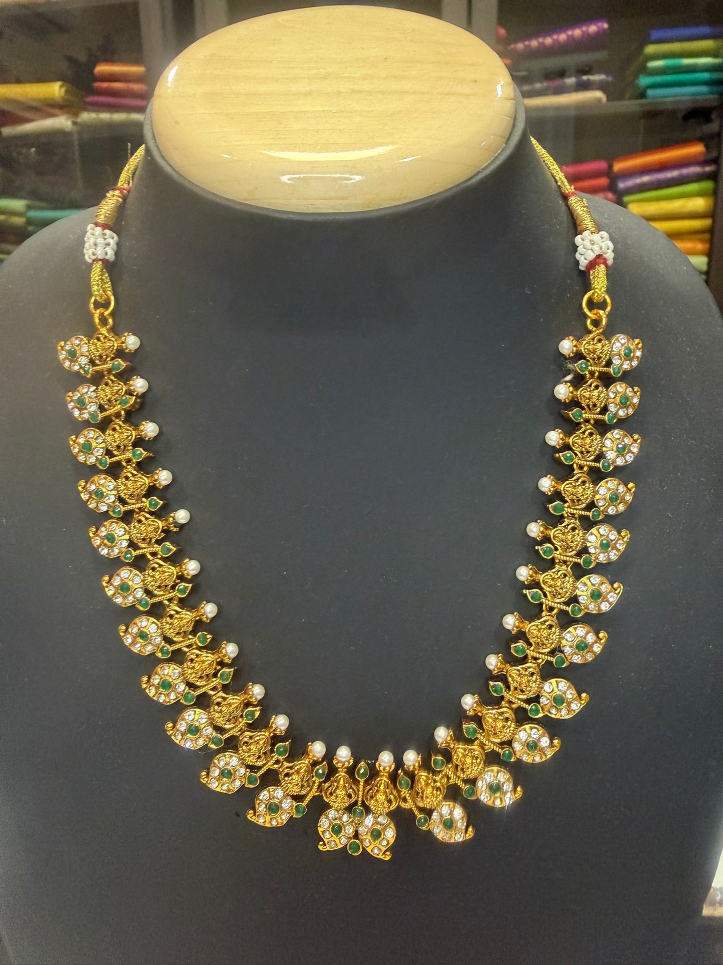 Matt Gold Colour Necklace set with Pearls and Green Beads N1