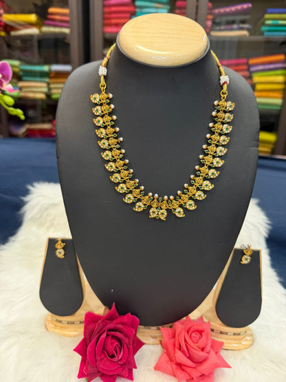 Matt Gold Colour Necklace set with Pearls and Green Beads N1