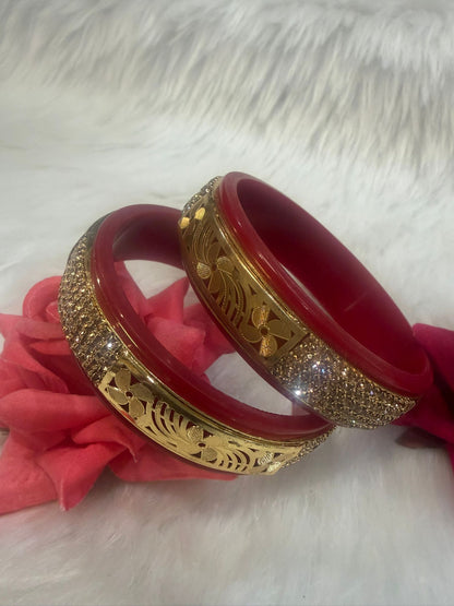 Maroon Colour Plastic Bangles with Gold Work | B004