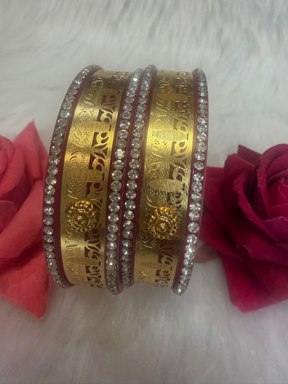 Maroon Colour Plastic Bangles with Gold Work | B005
