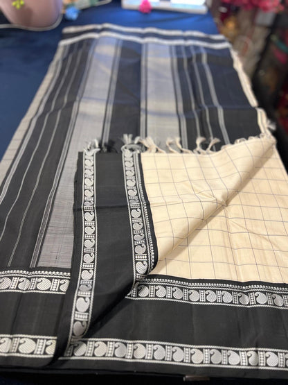 Kanjivaram Handloom Saree Off White & Black Colour | SPK072