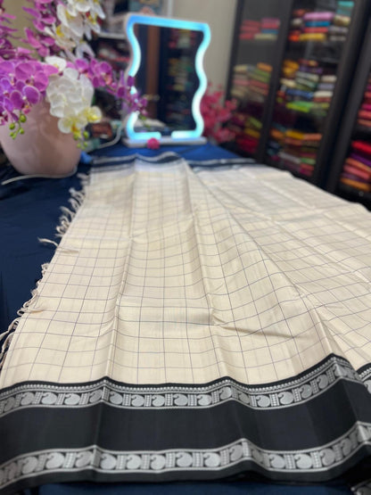 Kanjivaram Handloom Saree Off White & Black Colour | SPK072