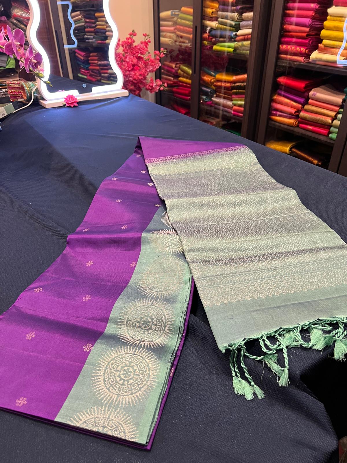 Kanchipuram Soft Silk Sari & Purple with Light Blue Colour | SS001