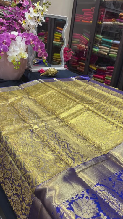 Kanchipuram Tissue Bridal Pure Silk Saree with Gold Zari Blue & Gold Sari| SPK097
