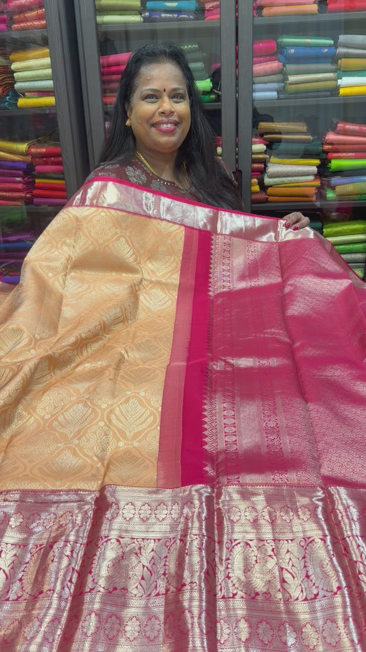 Bridal Kanchipuram Peach Pink Pure Silk Saree Kanjivaram Sari SPK420