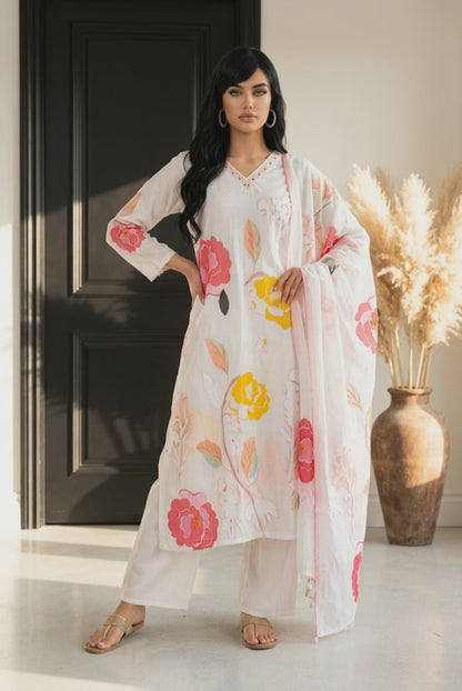 White Indian 3 piece Outfit hand worked Salwar Kameez Kurti Set Suit Z10