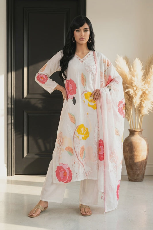 White Indian 3 piece Outfit hand worked Salwar Kameez Kurti Set Suit Z10