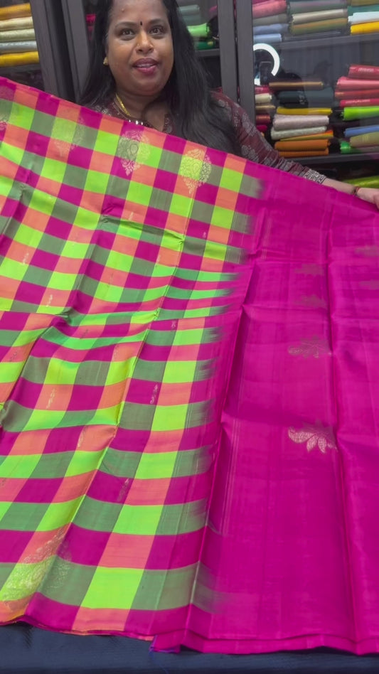 Checkered Kanchipuram Pure Silk Saree Multi Colour Kanjivaram Sari SPK424