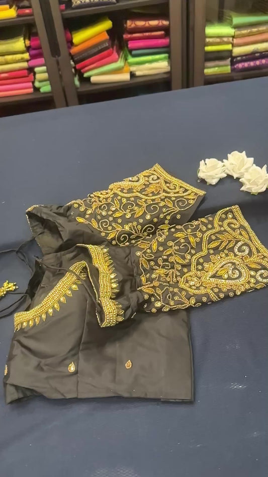 40” Aari hand Worked Sari Blouse Indian Top Choli Silk Black Gold B8