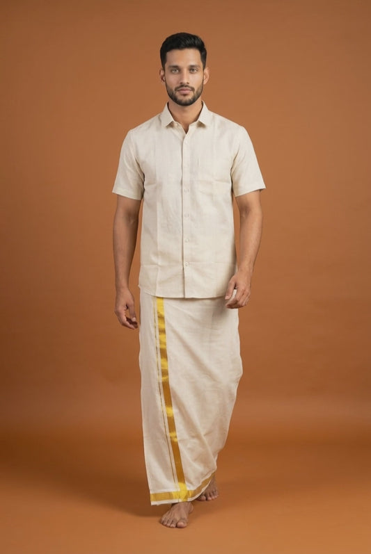 Men’s South Indian Vesti Shirt Combo Cream Gold Tissue Dhotti V5