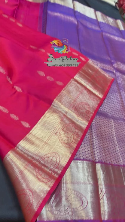 Kanchipuram Pure Silk Saree with Gold Zari Pink & Purple Sari| SPK079