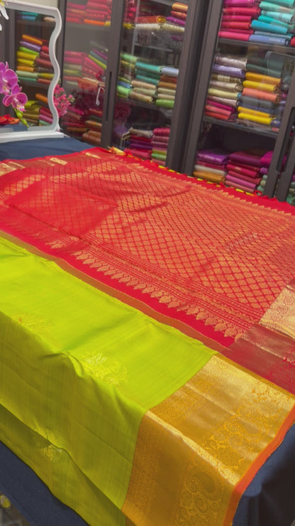 Kanchipuram Pure Silk Saree with Gold Zari Green & Red Sari| SPK083