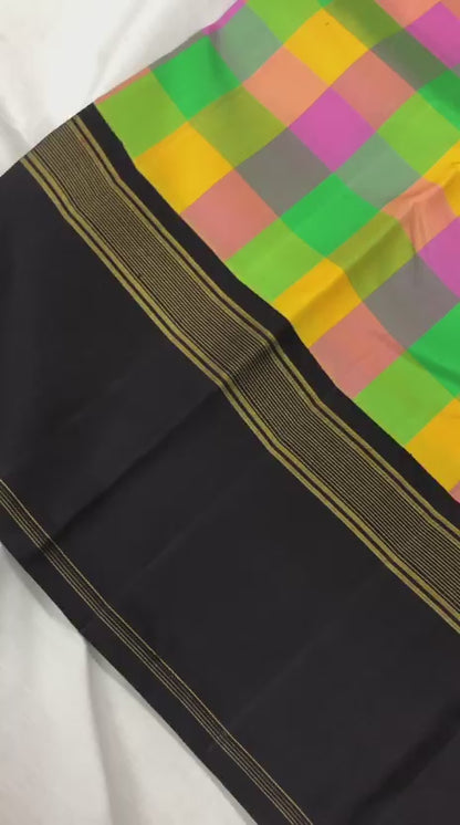 Vintage Kanchipuram Pure Silk Saree Indian Checkered Kanjivaram Sari SPK326