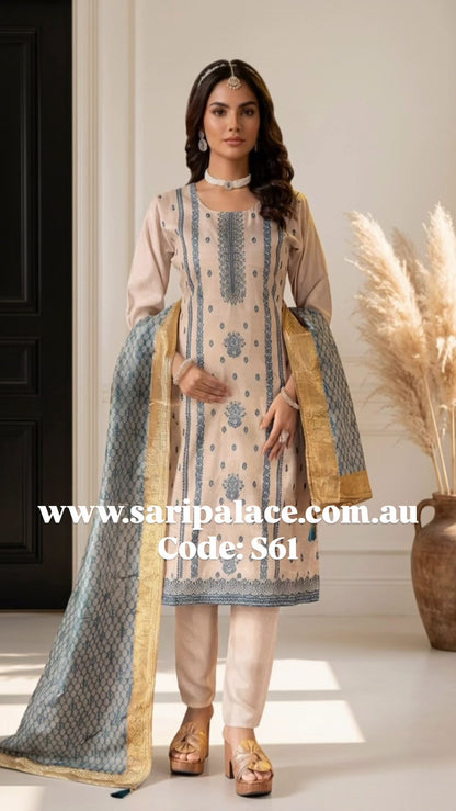 Cream Blue Indian Pakistani Outfit Salwar Kameez Suit S61