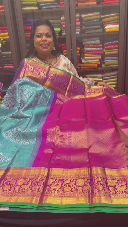 Korvai Kanchipuram Pure Silk Saree Bridal Handloom Indian Kanjivaram Sari Blue SPK355