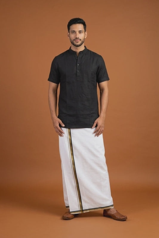 Men’s South Indian Casual Vesti Shirt Combo Black White Dhotti V4