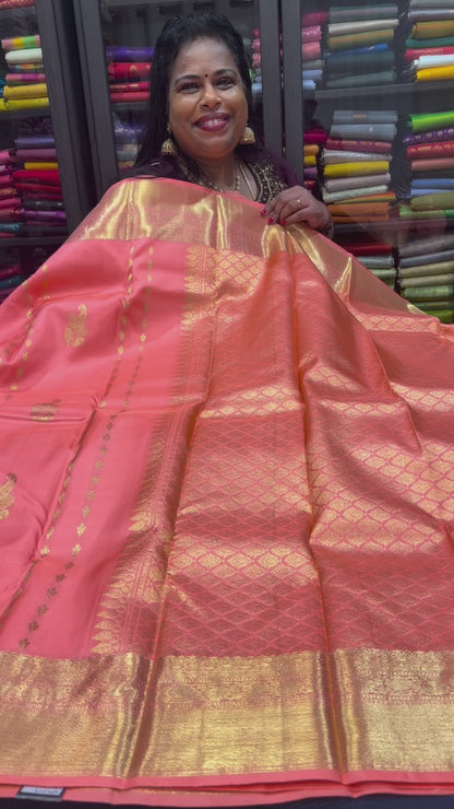Kanchipuram Pure Silk handloom Saree Indian Kanjivaram Peach Sari SPK364