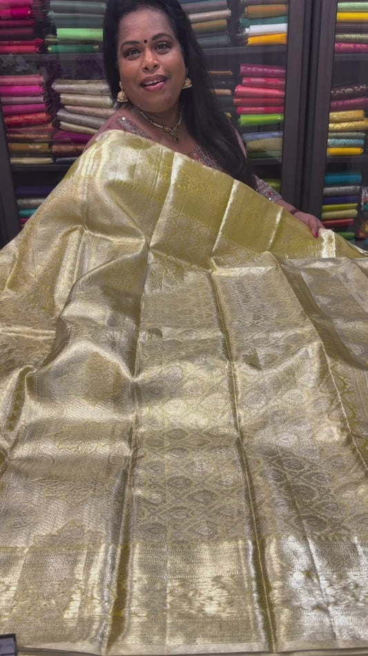 Kanchipuram Pure Silk Bridal Tissue Saree Indian Kanjivaram Light Gold Sari SPK380