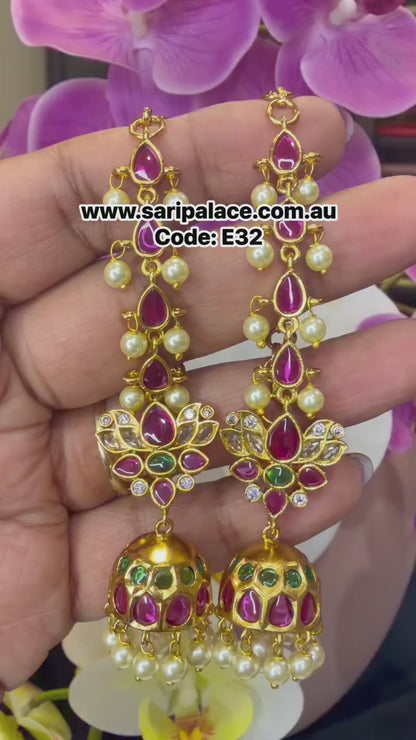 Golden Multi Jumka Jhumka Indian Brass Earrings Jimikki Kammal with chain Indian Jewellery E32