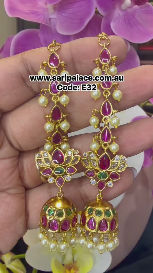 Golden Multi Jumka Jhumka Indian Brass Earrings Jimikki Kammal with chain Indian Jewellery E32