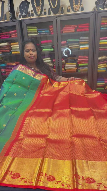 Kanchipuram Pure Silk handloom Saree Indian Kanjivaram Green Red Sari SPK429