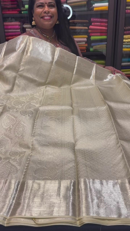 Kanchipuram Pure Silk handloom Bridal Saree Indian Kanjivaram Off White Sari SPK384