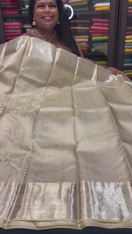 Kanchipuram Pure Silk handloom Bridal Saree Indian Kanjivaram Off White Sari SPK384