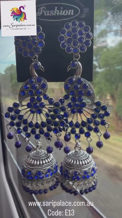 Royal Blue Oxidised Silver colour Indian Earrings Stylish Indian Jewellery E13