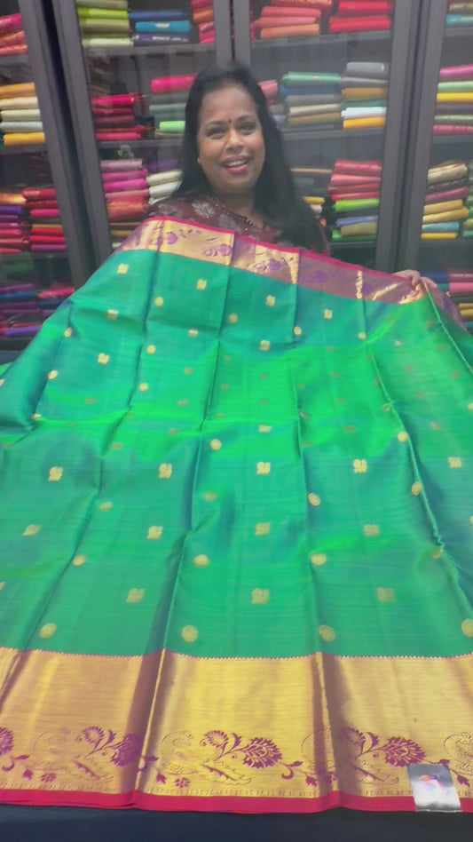 Kanchipuram Pure Silk handloom Saree Indian Kanjivaram Green Red Sari SPK429