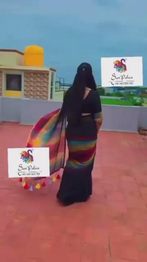 MUL Cotton black Rainbow Sari Indian casual Saree C25