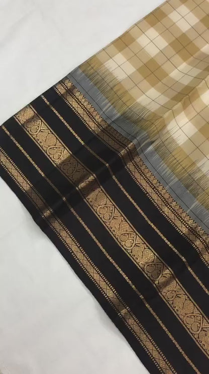 Vintage Kanchipuram Pure Silk Saree Indian Checkered Kanjivaram Sari SPK324
