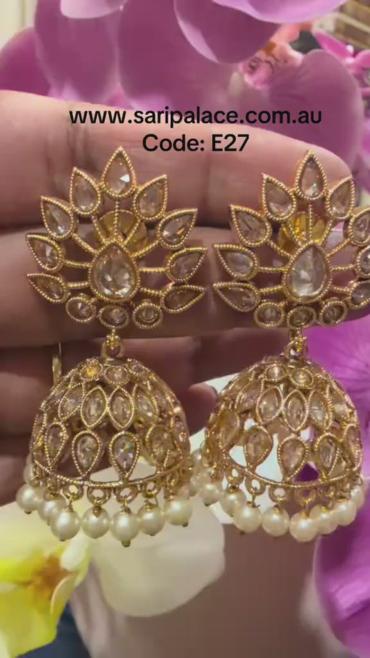 Golden Jumka Jhumka Indian Brass Earrings Jimikki Kammal Indian Jewellery E27