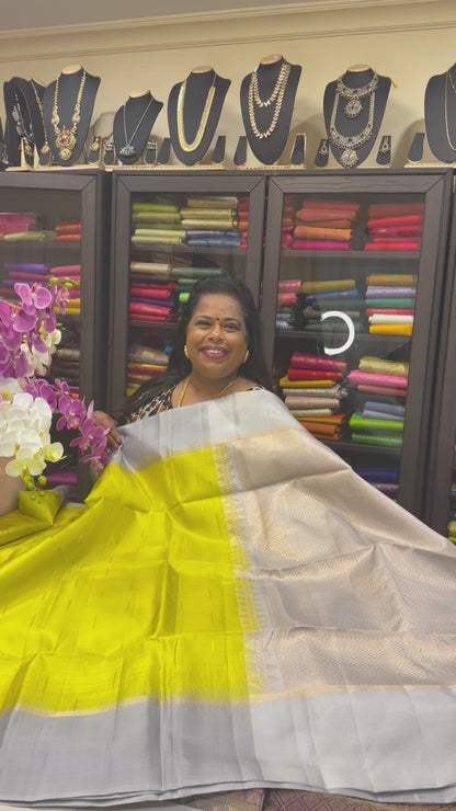 Kanchipuram Pattu Soft Silk Saree Pure Silk Sari Yellow Grey  | SS5