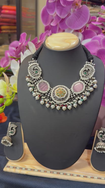 Handmade Brass Necklace with Silver polish Indian Tribal Pink Jewellery N91