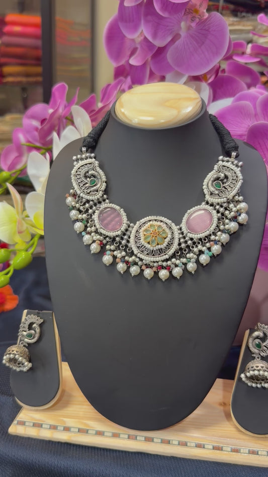 Handmade Brass Necklace with Silver polish Indian Tribal Pink Jewellery N91