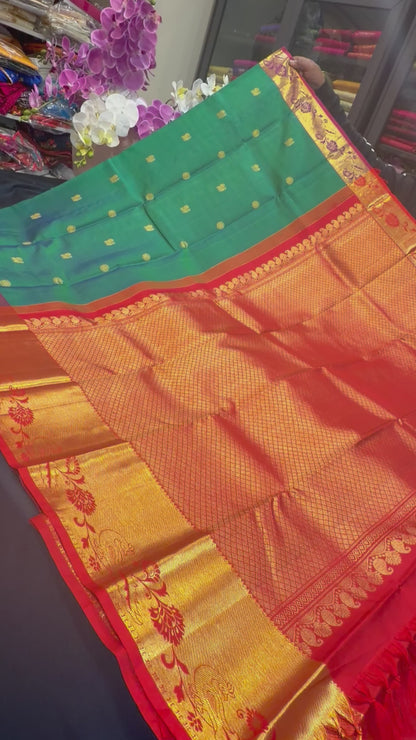 Kanchipuram Pure Silk handloom Saree Indian Kanjivaram Green Red Sari SPK429