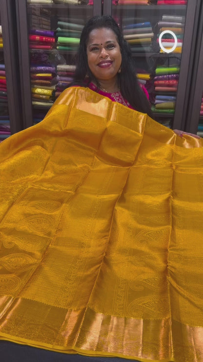 Kanchipuram Pure Silk handloom Bridal Saree Indian Kanjivaram Yellow Sari SPK367