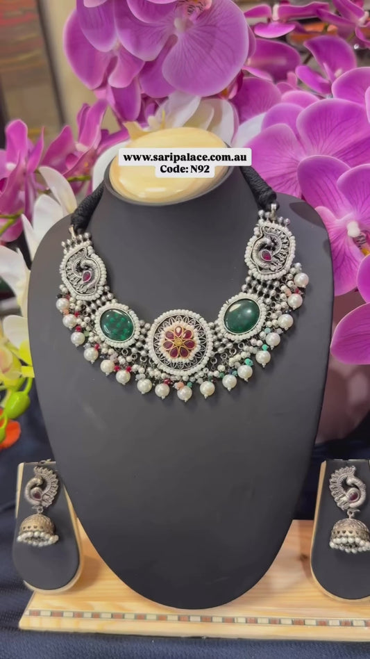 Handmade Brass Necklace with Silver polish Indian Tribal Green Jewellery N92