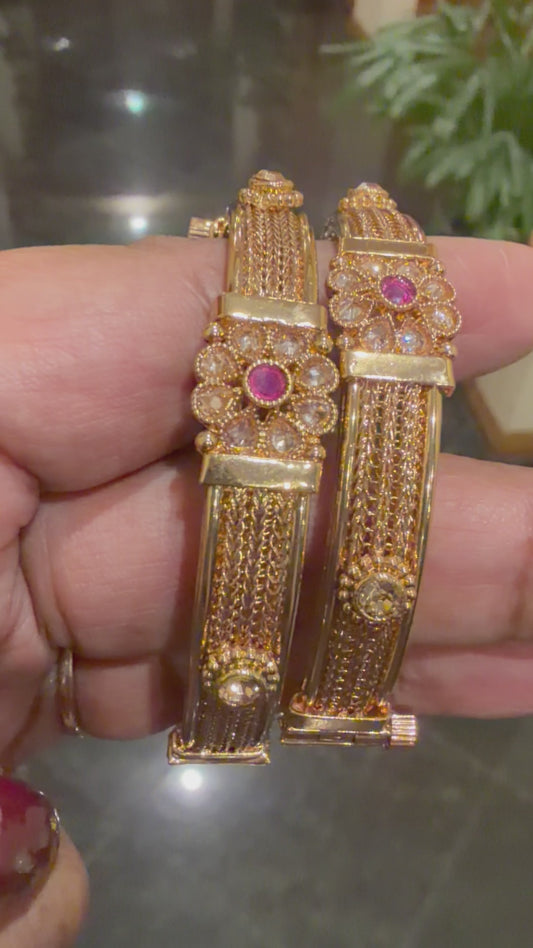 Indian Brass screw Bangles Set Ruby Pink Stones Antique Bracelets B9